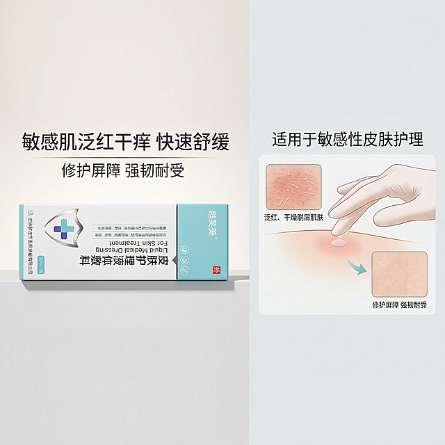 严格还原参考的甦芙美皮肤护理液体敷料产品图，完全保留包装设计、颜色、LOGO位置、文字内容、图案元素；外盒为哑光纸质材质，无反光，边缘光滑；主标题：“敏感肌泛红干痒 快速舒缓”；副标题：“修护屏障 强韧耐受”；产品置于画面左侧，占画面40%，正面平视角度；右侧为敏感肌护理场景：泛红、干燥脱屑肌肤示意图+轻柔涂抹动作，浅灰色背景；场景旁标注文字“适用于敏感性皮肤护理”，无衬线深灰色字体；左右布局，产品与场景各占半屏，视觉平衡，留白10%；柔和暖光，场景干净专业，产品哑光质感与场景质感统一，白+浅湖蓝主色调。禁止改变产品外观，禁止场景杂乱，禁止添加无关人物，禁止色调偏离白+浅湖蓝医用专业风，禁止材质质感失真，禁止比例失调，禁止强光刺眼，禁止重阴影，禁止噪点多，禁止背景杂乱，禁止风格割裂，禁止文字模糊，禁止排版拥挤，禁止产品变形，禁止颜色偏差，禁止印刷模糊，禁止多余元素，禁止土气设计。