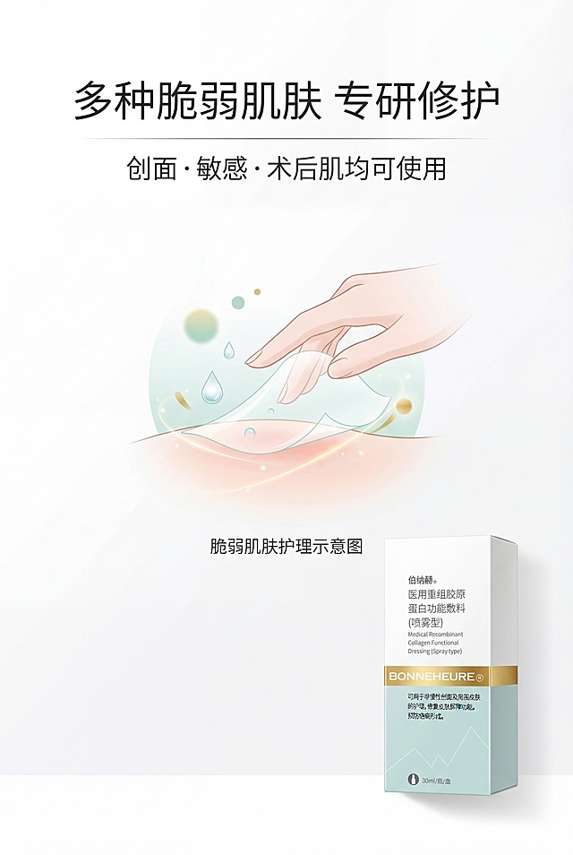 严格还原上传的伯纳赫医用重组胶原蛋白敷料产品参考图，精准复刻包装设计、产品配色、LOGO位置及比例、文字内容及字体、图案元素及细节，无任何偏差，色彩无失真；产品与画面中其他物体的比例遵循真实物理空间逻辑，视觉协调，比例还原1:1，杜绝比例失衡、视觉突兀；主标题：“多种脆弱肌肤 专研修护”；副标题：“创面・敏感・术后肌均可使用”；主标题上1/5居中；画面中央为脆弱肌肤护理示意图，产品置于右下角；居中构图，留白40%；白+浅青+金柔和色调，柔光无阴影；极简轻奢医疗风，简约无衬线字体。负面提示词：肌肤效果夸张，颜色脏乱，背景杂乱，产品变形，比例失调，画面模糊，锯齿边缘，强光刺眼，重影，多余装饰，土气设计，字体杂乱，画面拥挤，无留白，风格不统一，色彩偏差，质感失真