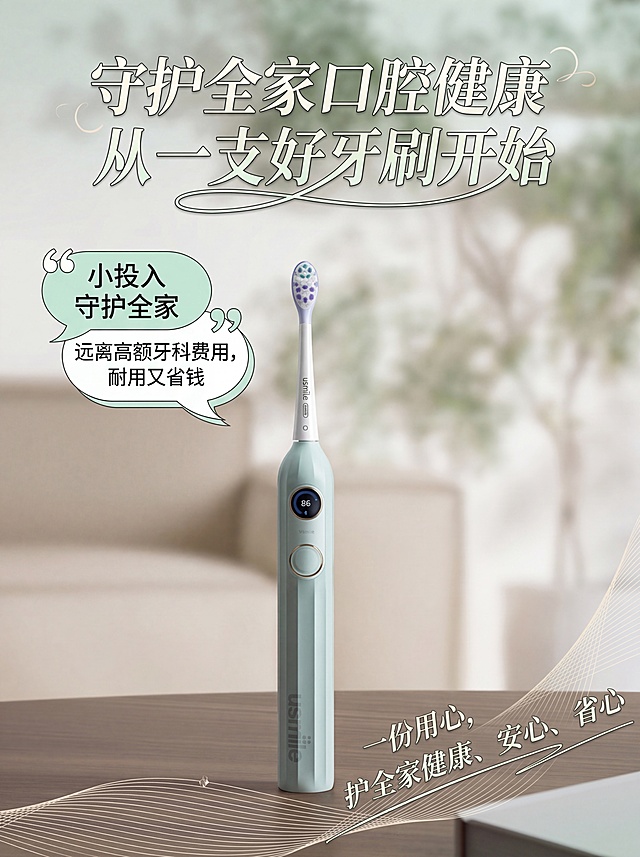 图片主体为浅绿色usmile电动牙刷，放在棕色木质桌面上，背景是浅米色家居和模糊绿植，保持产品原样、logo和文字不变，使用更新后的文案，创意分散排版：顶部用艺术字展示主标题“守护全家口腔健康从一支好牙刷开始”，正文内容不堆叠，“小投入守护全家远离高额牙科费用，耐用又省钱”以装饰气泡样式分布在画面左上方，“一份用心，护全家健康、安心、省心”以轻盈的艺术字样式分布在画面右下方，字体样式有区分，搭配浅色装饰线条点缀，整体风格清新有设计感，适配国内电商平台
