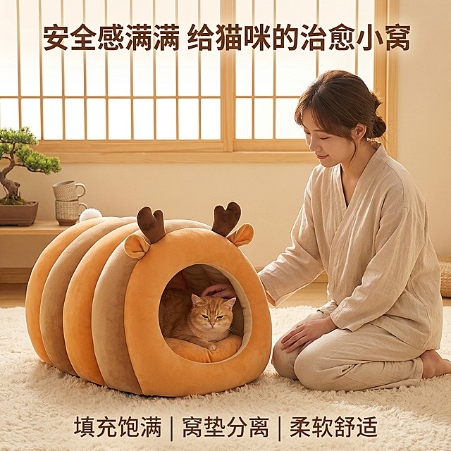 轻奢萌系温馨日式居家风格，暖色调柔和自然光，画面中心是小鹿造型半封闭式猫窝，渐变橙棕条纹外观、立体棕色鹿角搭配浅棕耳朵装饰、内里橙色蓬松填充，严格还原参考图形态，无任何变形，窝内有一只橘色短毛猫惬意蜷缩，旁侧是一位气质温柔的90后日系美女，穿着浅米色棉麻家居服，清新温柔，正低头抚摸猫咪，背景是浅米色日式客厅，铺同色系毛绒地毯，木质格子窗洒入暖光，营造治愈温暖氛围。顶部居中主标题为暖橙色无衬线字体："安全感满满 给猫咪的治愈小窝"，底部居中副标题为米白色无衬线字体："填充饱满 | 窝垫分离 | 柔软舒适"，整体构图居中对称，视觉焦点集中在人宠互动与产品上，画面高清细腻，毛绒质感高级通透。禁止产品变形、禁止条纹模糊缺失、禁止鹿角耳朵变形丢失、禁止内里填充塌陷、禁止人物宠物表情狰狞、禁止背景杂乱刺眼、禁止出现其他品牌LOGO文字遮挡产品、禁止画面模糊低分辨率、禁止冷色调、禁止猫窝比例失调、禁止场景过于空旷、禁止服装过于暴露低俗。