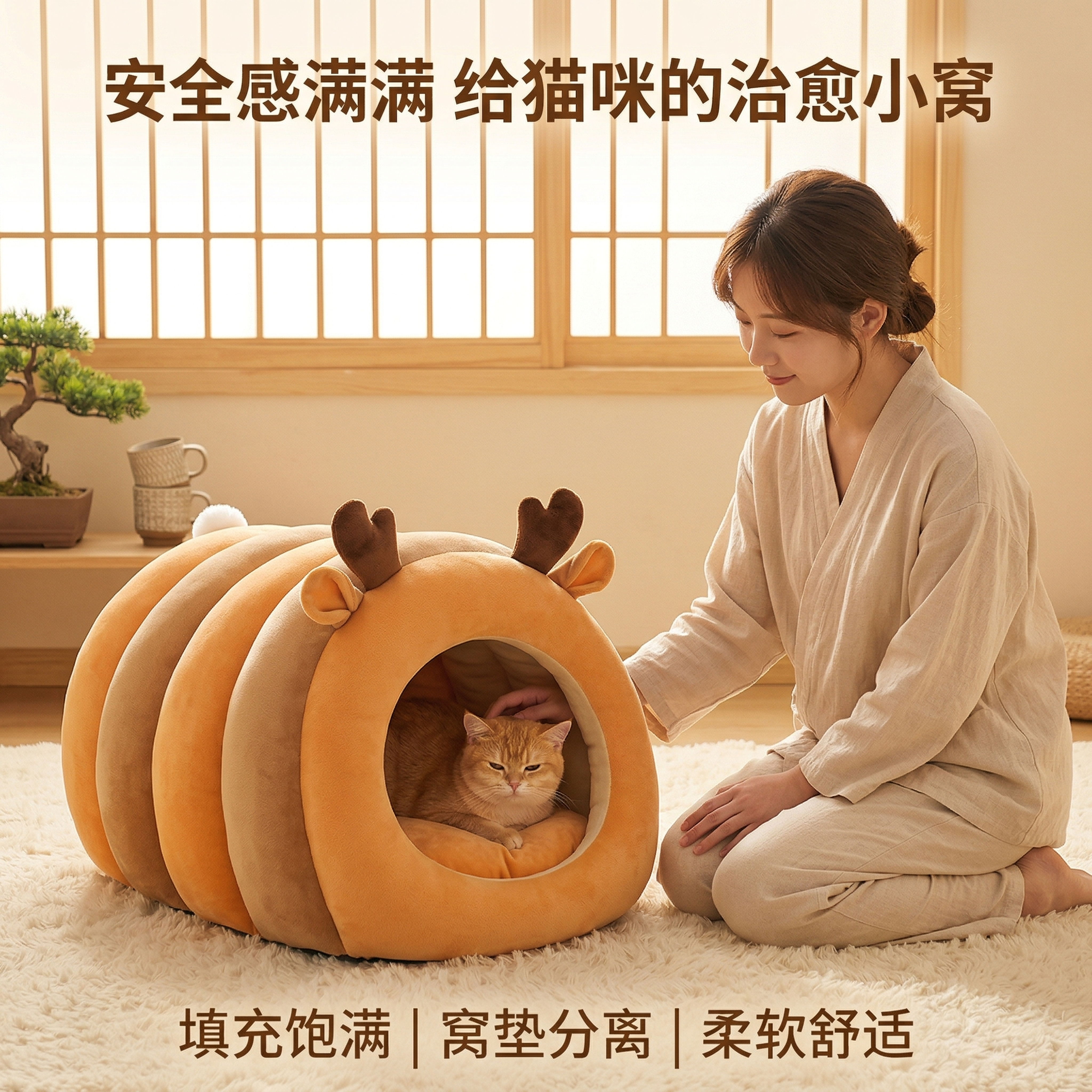 轻奢萌系温馨日式居家风格，暖色调柔和自然光，画面中心是小鹿造型… - 图片创意预览