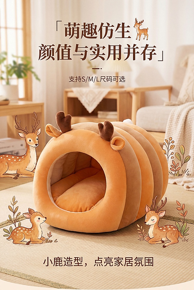 轻奢萌系温馨日式居家风格，暖色调柔和自然光，居中构图，嬉引力小鹿造型猫窝置于画面中心，保持渐变橙棕条纹、立体鹿角耳朵、内里橙色填充，尺寸比例 1:1，支持S/M/L尺码可选，周围环绕可爱小鹿元素插画，浅米色背景，突出仿生设计的萌趣感。顶部居中主标题：「萌趣仿生🦌 颜值与实用并存」，底部居中副标题：「小鹿造型，点亮家居氛围」，文字排版简约精致，与产品形态呼应，画面高清细腻，毛绒质感柔软治愈