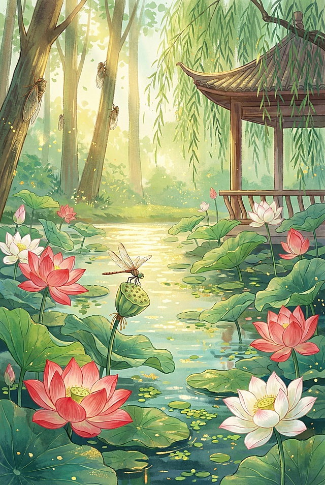 参考提供的两张新中式国风插画的清新柔和质感，创作竖版新中式国潮夏至主题插画，日长至，蝉鸣高树，荷塘满开，红白荷花错落，蜻蜓立莲蓬，亭台一角隐于柳荫，水面浮萍点点，用没骨法渲染荷叶的层层叠翠与花瓣的柔润，色调浓郁饱满