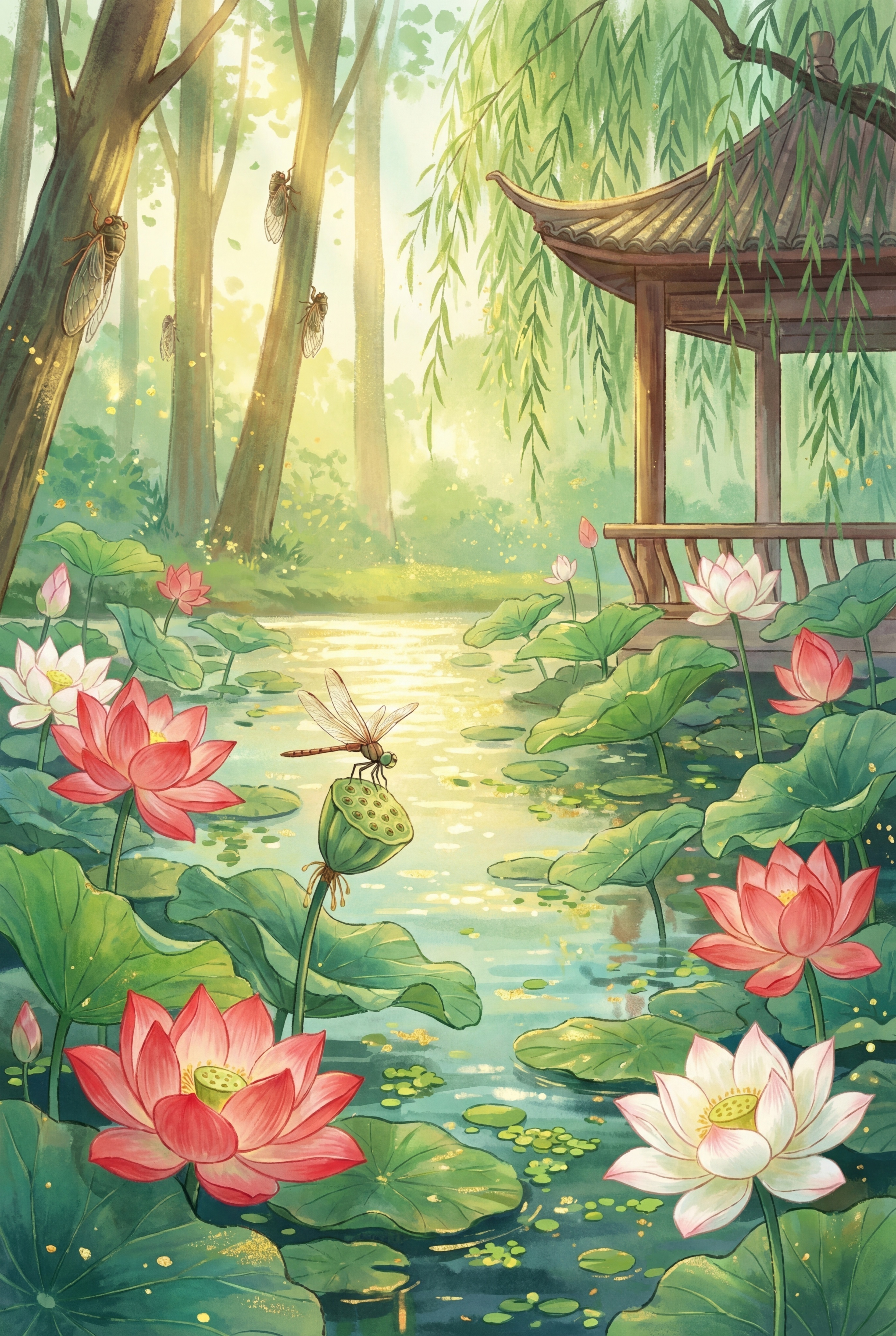 参考提供的两张新中式国风插画的清新柔和质感，创作竖版新中式国潮… - 图片创意预览