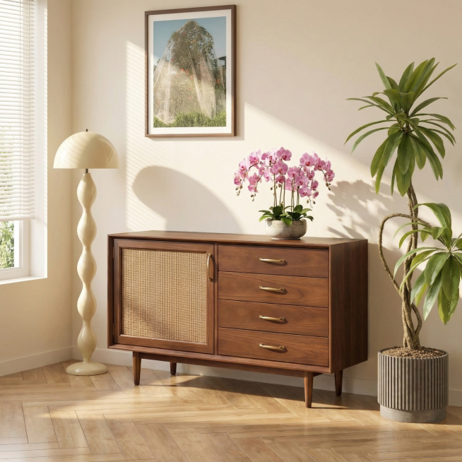 将主体木质餐边柜替换到参考图的北欧风客厅场景中，相似度50%；保留原木柜体、藤编门、黄铜拉手的产品结构，保持主体物理结构不变，禁止扭曲变形。风格为北欧自然风，采用极强自然光，浅木色搭配柔和光影，阳光透预览效果