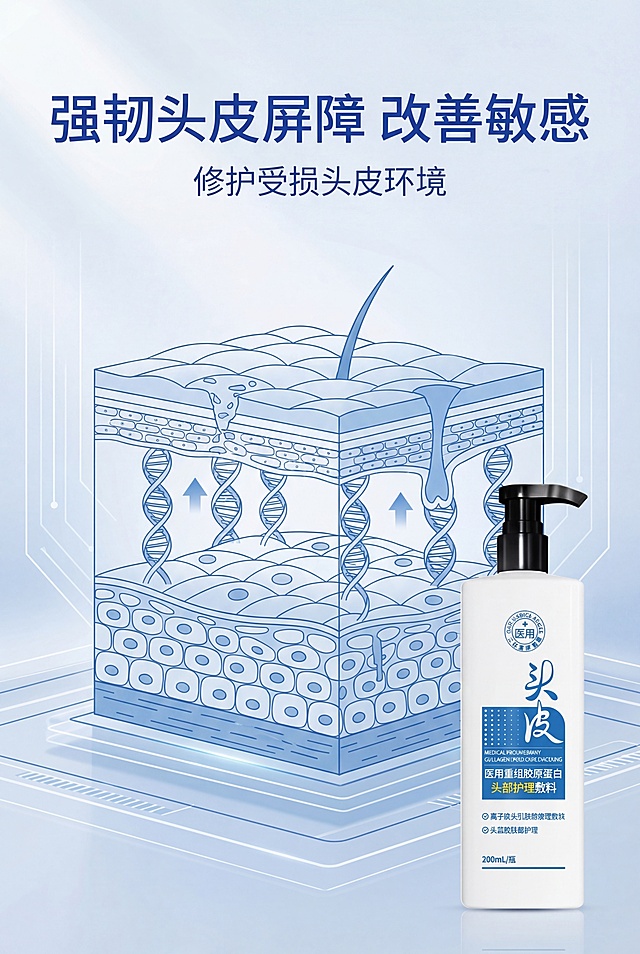 严格还原上传的医用重组胶原蛋白头皮专护敷料参考图，精准复刻包装设计、产品配色、LOGO位置及比例、文字内容及字体、图案元素及细节，无任何偏差，色彩无失真；产品与画面中其他物体比例遵循真实物理空间逻辑，视觉协调，比例还原1:1，杜绝比例失衡、视觉突兀；主标题："强韧头皮屏障 改善敏感"，副标题："修护受损头皮环境"；主标题上1/5居中；画面为头皮屏障结构示意图，产品小图置于右下角；居中排版，留白35%；蓝白科技色调，柔和柔光；医用科技极简风，简约无衬线字体。负面提示：示意图混乱，颜色花哨，模糊不清，细节丢失，产品变形，比例错误，强光刺眼，阴影生硬，噪点严重，多余人物，土气特效，文字过多，排版拥挤，风格割裂