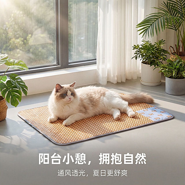 严格还原上传的嬉引力宠物凉席产品图，包括包装设计、颜色、LOGO位置、文字内容、图案元素等所有细节。嬉引力宠物凉席阳台场景，浅灰色地面铺着凉垫，一只布偶猫趴在凉垫上晒太阳，背景有落地窗加绿植加户外柔和阳光，画面底部居中是主标题「阳台小憩，拥抱自然」，主标题下方是副标题「通风透光，夏日更舒爽」，文字用白色无衬线字体，突出阳光感，整体风格清新自然，高清质感，光影通透明亮，突出阳台纳凉的惬意感。禁止模糊阳光与绿植，禁止修改凉垫颜色与图案，禁止场景过于拥挤，禁止文字遮挡核心场景，禁止风格偏离温馨居家，禁止出现刺眼的强光效果。