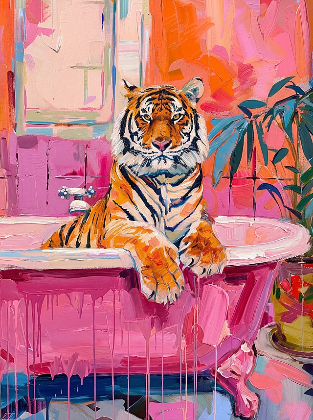 重新生成一幅类似参考图的厚涂油画，换一只样子不同的老虎，保持动作姿态不变，将浴缸改为粉色，保留背景占比较大的构图，色彩丰富明快，笔触厚重具有肌理感，风格跟参考图一致，画质清晰