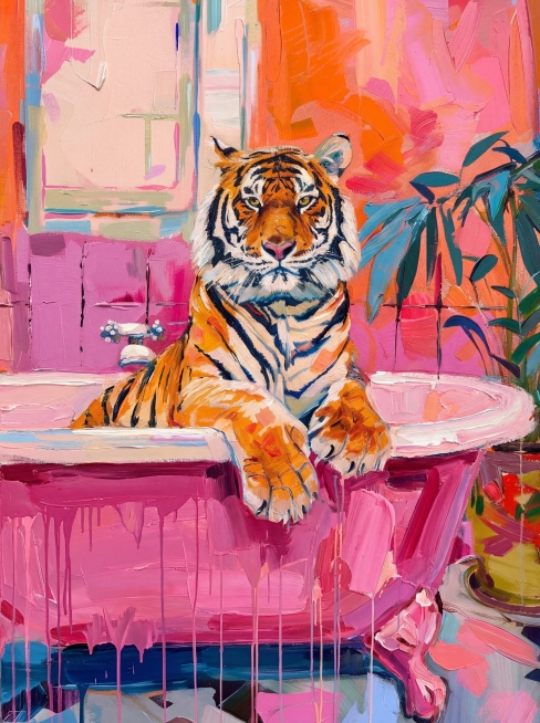 重新生成一幅类似参考图的厚涂油画，换一只样子不同的老虎，保持动作姿态不变，将浴缸改为粉色，保留背景占比较大的构图，色彩丰富明快，笔触厚重具有肌理感，风格跟参考图一致，画质清晰预览效果