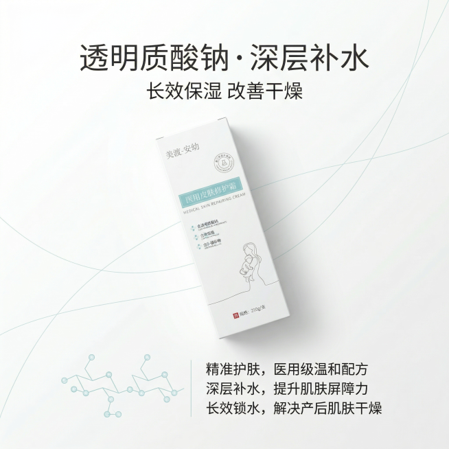母婴医用极简风；主标题「透明质酸钠・深层补水」上方居中，副标题「长效保湿 改善干燥」；左侧为简约分子结构示意图，右侧为功效文字，产品置于右上角；纯白背景，浅青蓝细线条装饰，70% 留白，柔和自然光，简预览效果