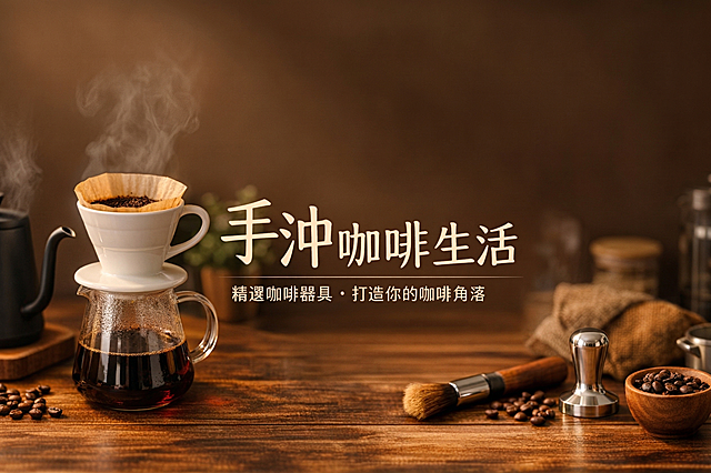 对这张咖啡器具电商Banner进行优化，提升画质，进行光影重塑，增强玻璃、木材、金属的材质质感，强化暖调咖啡氛围，保持文案、构图和所有元素不变，超清画质，智能降噪，细节锐化，8k分辨率，商业棚拍光，体积光，柔和阴影，拒绝死黑，高折射率，玻璃通透有厚度感，木材纹理清晰，金属件抛光崭新