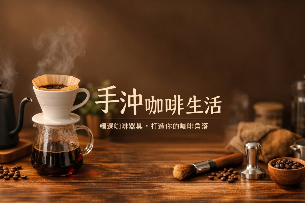 对这张咖啡器具电商Banner进行优化，提升画质，进行光影重塑，增强玻璃、木材、金属的材质质感，强化暖调咖啡氛围，保持文案、构图和所有元素不变，超清画质，智能降噪，细节锐化，8k分辨率，商业棚拍光，体预览效果