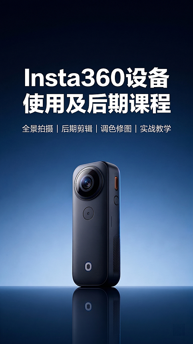竖版商业宣传海报，极简科技风格，深蓝渐变背景，视觉主体是Insta360全景相机实物图（真实商品照片），居中排版，大字标题是"Insta360 设备使用及后期课程"，副标题是"全景拍摄｜后期剪辑｜调色修图｜实战教学"，现代无衬线字体，干净高级，具有商业宣传质感，高清细节，整体设计简洁大气，保持相机外观与结构不变，仅优化光影与质感