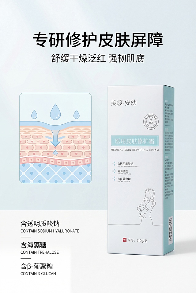 严格还原上传美渡-安幼医用皮肤修护霜参考图，精准复刻包装设计、产品配色、LOGO位置及比例、文字内容及字体、图案元素及细节，无任何偏差，色彩无失真；产品与画面中其他物体比例遵循真实物理空间逻辑，视觉协调，比例还原1:1；画面比例为2:3竖版，母婴医用极简风；主标题为"专研修护皮肤屏障"，上方居中，副标题为"舒缓干燥泛红 强韧肌底"；画面左侧为肌肤屏障修复示意图，温和干净不夸张，右侧放置产品，下方文字说明；居中+左对齐排版，65%留白，柔和自然光，浅白浅青蓝色调，采用简约无衬线字体。避免模糊、示意图夸张、背景杂乱、色彩刺眼、产品变形、比例失调、文字重叠、排版混乱、无留白、字体花哨、阴影过重、反光太强、噪点、偏色暗沉、多余装饰、元素错位、歪斜、透视错误、光影生硬。