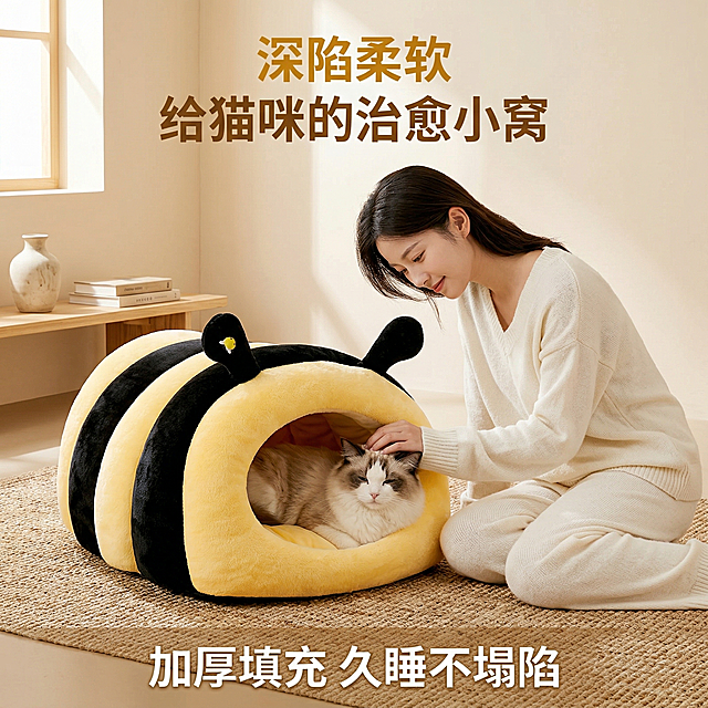 1:1竖版，轻奢萌系温馨居家风格，暖色调柔和自然光，画面中心是黑黄条纹小蜜蜂造型猫窝，条纹清晰饱满、触角完整带小蜜蜂装饰、内里黄色填充蓬松不塌陷，无任何变形，猫窝旁是一位气质温柔的90后美女，穿着米白色宽松家居服，正低头温柔抚摸窝内的布偶猫，猫咪惬意蜷缩在猫窝中眯眼享受，背景是浅米色侘寂风客厅，铺着同色系编织地毯，侧窗自然光洒入营造治愈温暖氛围，整体构图居中对称，视觉焦点集中在猫窝与萌宠互动上，画面高清细腻，毛绒质感高级通透。顶部居中暖姜黄色文案"深陷柔软 给猫咪的治愈小窝"，底部居中米白色文案"加厚填充 久睡不塌陷"。负面提示：禁止产品变形、禁止条纹模糊缺失、禁止触角变形丢失、禁止内里填充塌陷、禁止人物宠物表情狰狞、禁止背景杂乱刺眼、禁止出现品牌LOGO文字遮挡产品、禁止画面模糊低分辨率、禁止冷色调、禁止猫窝比例失调、禁止场景过于空旷