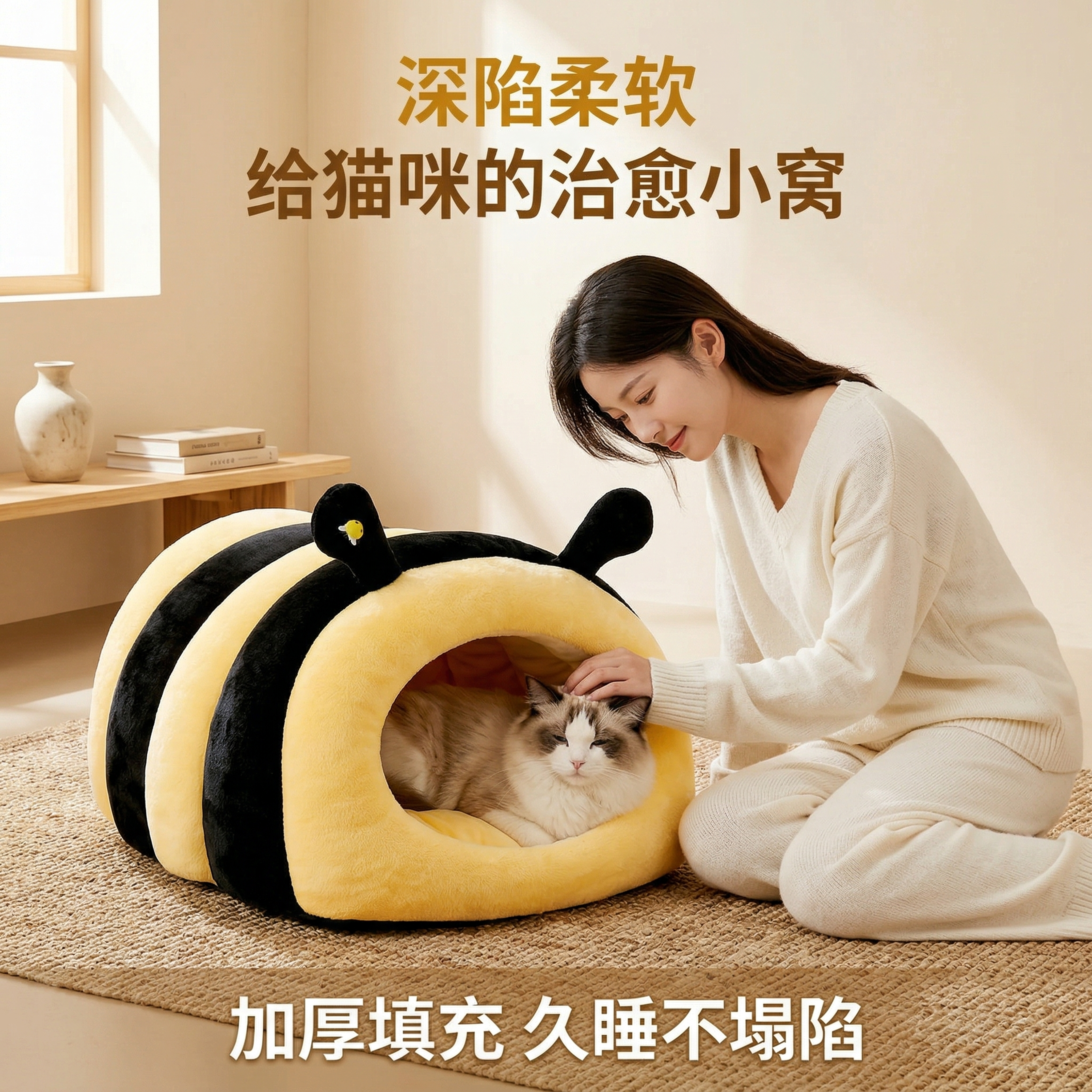 1:1竖版，轻奢萌系温馨居家风格，暖色调柔和自然光，画面中心是… - 图片创意预览