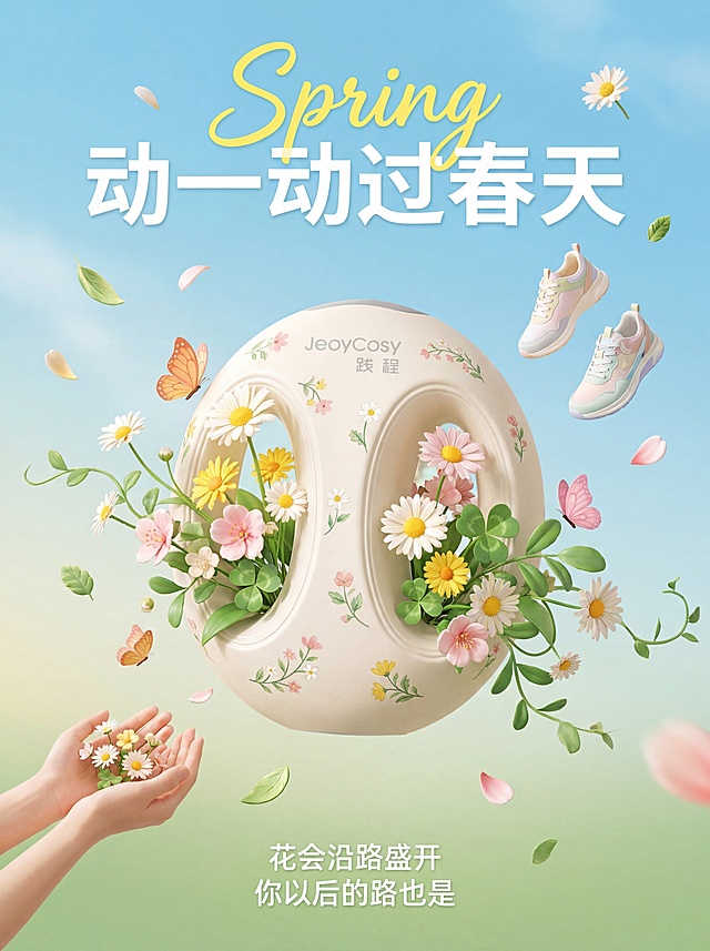 春日氛围感商业海报，主题为"动一动过春天"，画面中心是米白色筋膜环，筋膜环上点缀小花图案，从筋膜环开口处生长出雏菊、粉花、三叶草等春日植物。画面中有橙色、粉色蝴蝶飞舞，散落花瓣、绿叶和手心中的迷你花簇，营造万物复苏的春意。画面顶部有活泼的黄色英文"Spring"和醒目的白色中文"动一动过春天"，底部有小字"花会沿路盛开 你以后的路也是"。整体色调为清新的天蓝、嫩绿、粉白，明亮通透，3D写实加清新治愈的视觉风格，悬浮鞋子，灵动蝴蝶，柔和光影，充满梦幻感，主打活力清新的生活方式，传递温暖治愈积极的氛围