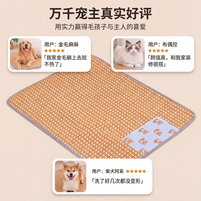 严格还原上传的嬉引力宠物凉席产品图，包括包装设计、颜色、LOGO位置、文字内容、图案元素等所有细节。嬉引力宠物凉席用户评价可视化，展示3条真实用户评价：「我家金毛躺上去就不热了」「颜值高，和我家装修很预览效果