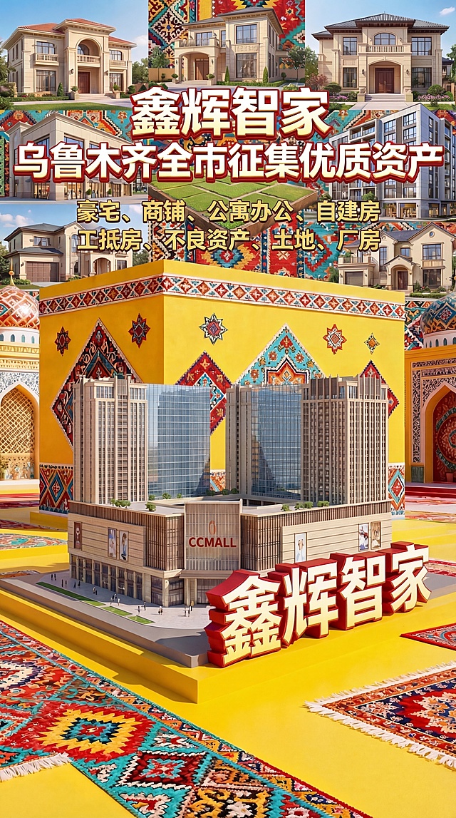 将楼体上的"乌鲁木齐广场"文字修改为"CCMALL"，将豪宅、商铺、公寓办公、自建房、工抵房、不良资产、土地、厂房的字体进一步加粗放大，增强醒目程度，把楼体外观替换为现代玻璃幕墙样式，保留原有新疆民族风格纹样、明亮黄色底色、"鑫辉智家"立体文字和整体电影大片质感。