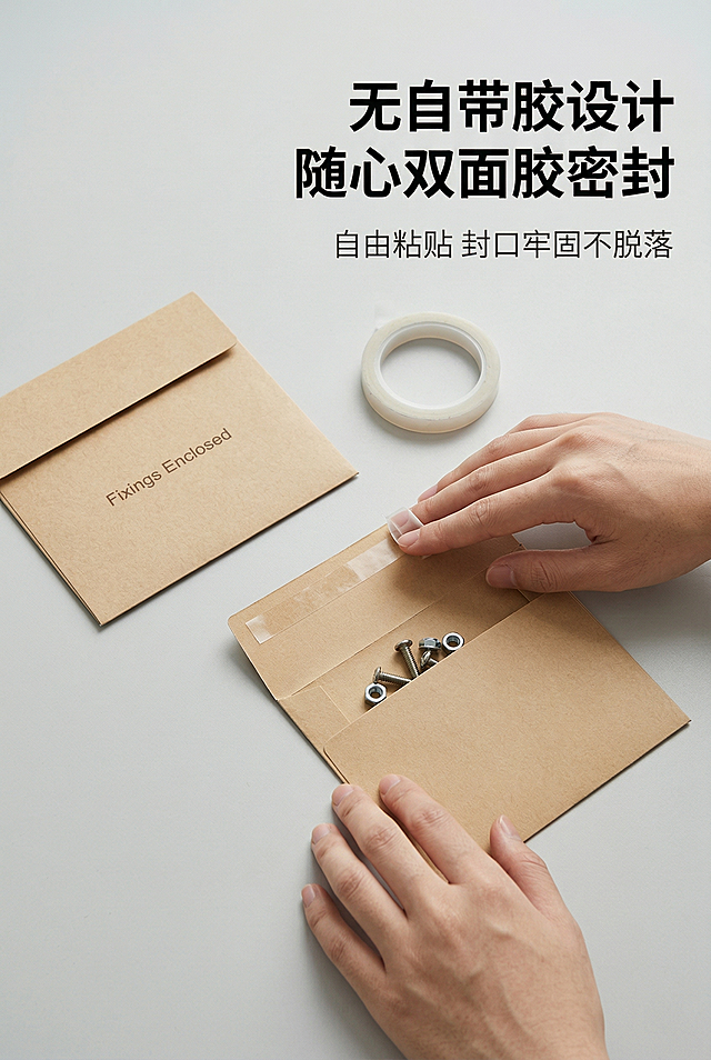 严格还原上传产品参考图，精准复刻包装设计、产品配色、LOGO位置及比例、文字内容及字体、图案元素及细节，无任何偏差，色彩无失真。产品与画面中其他物体的比例遵循真实物理空间逻辑，视觉协调，比例还原1:1，杜绝比例失衡、视觉突兀。工业极简高级质感。主标题"无自带胶设计 随心双面胶密封"，位于画面上1/3居右摆放，简约加粗无衬线字体。副标题"自由粘贴 封口牢固不脱落"，位于主标题下方8px，纤细配色字体。信息布局：文案右上区域，画面中心展示双手实操：平铺信封袋+搭配双面胶贴合封口动态场景，袋内装入金属小配件。排版形式：场景实操为主，文案辅助点缀，左右分区平衡，适度留白。设计细节：暖浅棕统一色调，左侧45°柔和自然光，手部光影自然真实；桌面纯色浅灰极简背景，仅搭配一卷双面胶作为道具，画面干净整洁。负面提示词：手部畸形、手指比例失调、动作僵硬、双面胶变形、封口错位、场景杂乱、背景花哨、文字乱码、光影厚重、产品歪斜、透视扭曲、多余杂物、滤镜夸张、肤色失真、动态违和、水印遮挡、色彩饱和度太高