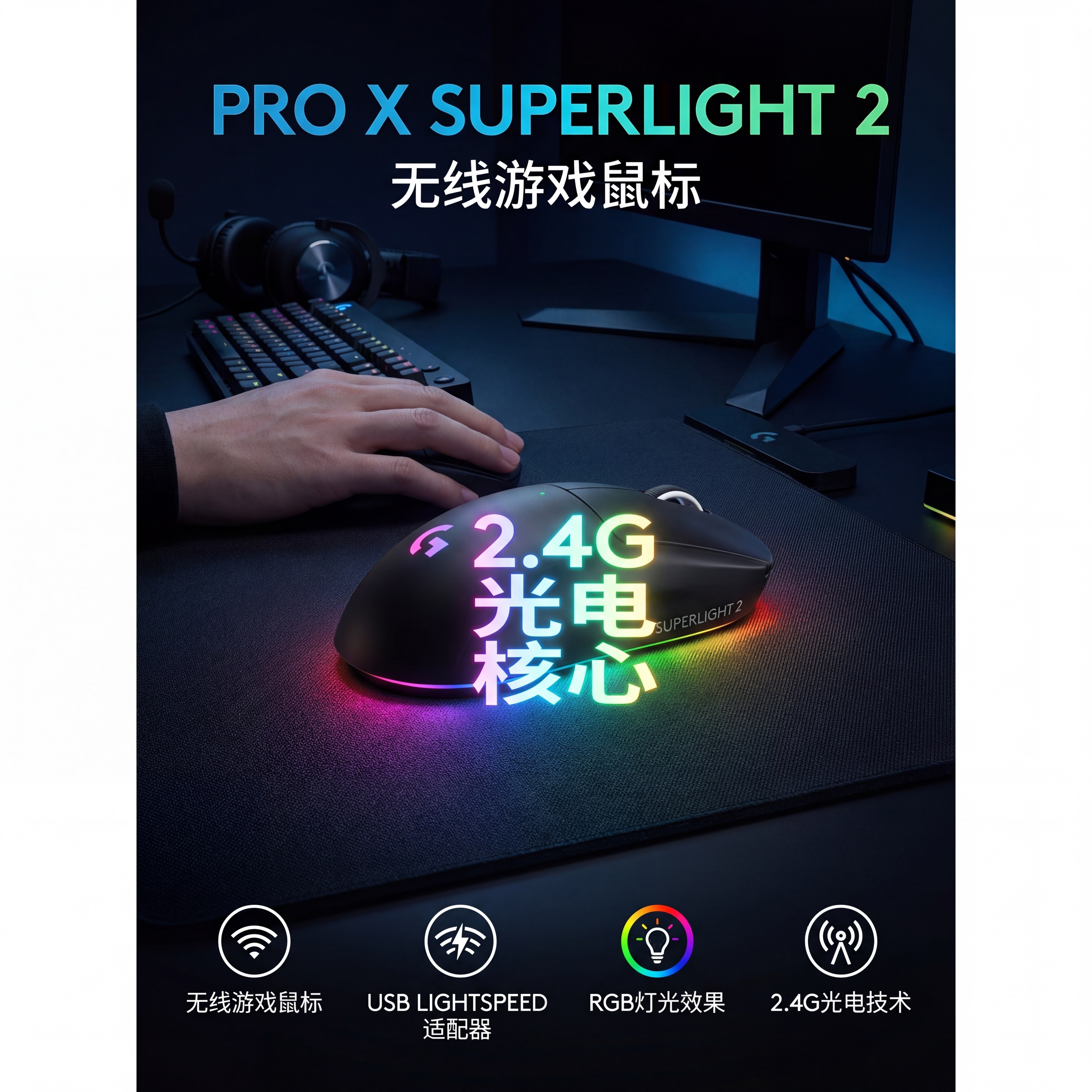 亚马逊跨境平台1:1游戏专用无线鼠标主图，突出光电2.4G核心… - 图片创意预览