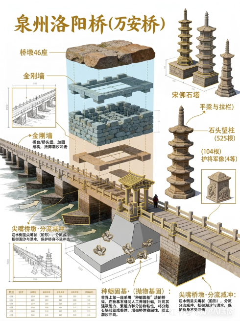 基于原泉州洛阳桥拆解图，重新生成包含新增结构标注的洛阳桥拆解图，要求用色块分别区分桥基、桥墩、桥面：1.在剖面底部用浅灰色块标注，通过指引线引出标注文字"筏形基础（抛石基床）：中国古代桥梁基础工程的里预览效果