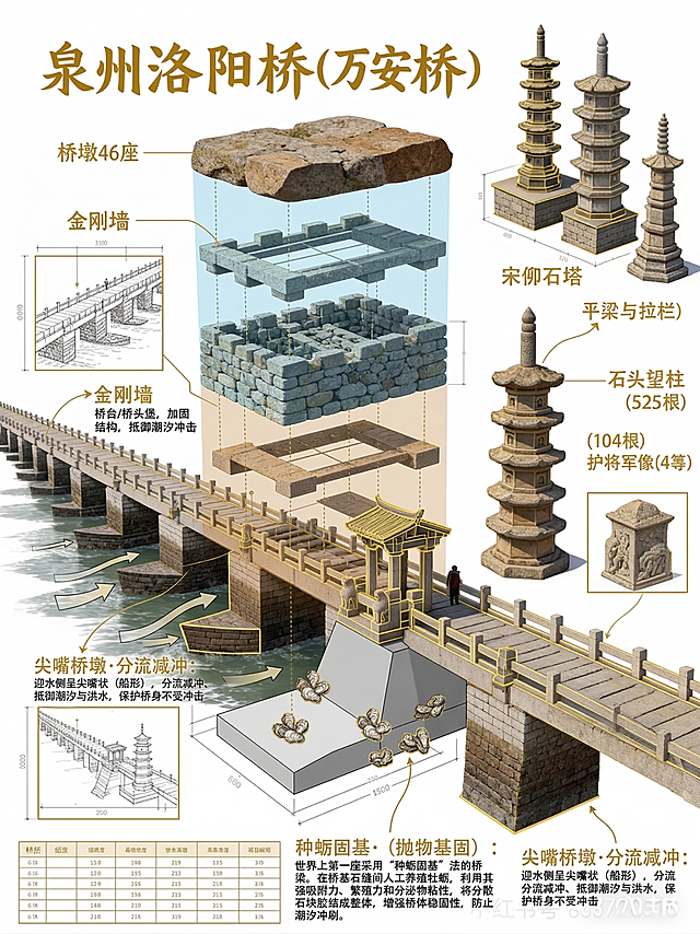 基于原泉州洛阳桥拆解图，重新生成包含新增结构标注的洛阳桥拆解图，要求用色块分别区分桥基、桥墩、桥面：1.在剖面底部用浅灰色块标注，通过指引线引出标注文字"筏形基础（抛石基床）：中国古代桥梁基础工程的里程碑。桥墩底部抛填大石块形成横跨江底的矮石堤，使石堤如木筏般托举桥梁，同时平整桥基、分散受力，适配跨海浅滩地质。"；2.在基础与桥墩结合处点缀牡蛎小图标，标注文字"种蛎固基·生物加固：世界上第一座采用“种蛎固基”法的桥梁。在桥基石缝间人工养殖牡蛎，利用其强吸附力、繁殖力和分泌物粘性，将分散石块胶结成整体，增强桥体稳固性，防止潮汐冲刷。"；3.桥墩部分突出尖嘴造型，用箭头示意水流方向，标注文字"尖嘴桥墩·分流减冲：迎水侧呈尖嘴状（船形），分流减冲、抵御潮汐与洪水，保护桥身不受冲击"；4.在桥头两端标注文字"金刚墙：桥台/桥头堡，加固结构，抵御潮汐冲击"。整体风格保持和原图一致的科普拆解3D效果图风格，文字清晰，标注指引线明确。