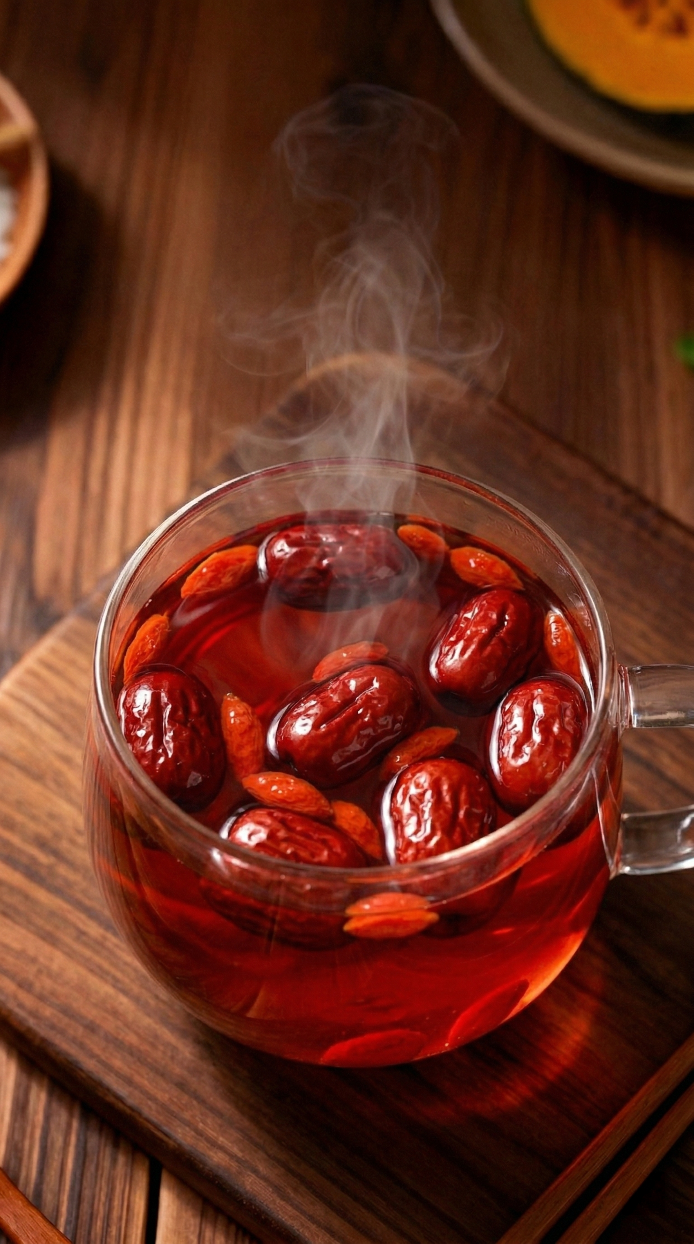 将图中的小米南瓜粥替换成一杯热气腾腾的红枣茶，杯中可见红枣、枸… - 图片创意预览