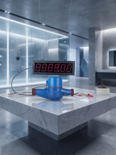 保持主体物理结构不变，强制保留远传水表外接显示屏和蓝色水表所有组件，保持原有产品文字尺寸标注不变，将产品自然融入现代智能家居展厅场景，放置在浅灰色大理石台面上，未来科技风格，大面积柔光，冷灰低饱和度色预览效果