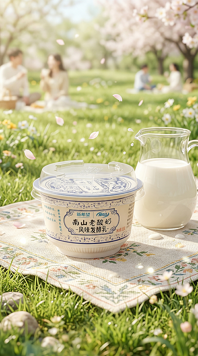 基于原图的新希望南山老酸奶产品，背景为野餐垫上装满牛奶的玻璃壶旁边，春游户外草地场景，参考春游聚会风格相似度50%，保持产品Logo文字原样，保持主体物理结构不变，保持产品透明塑料包装和整体形状不扭曲。商业高调摄影，柔和漫射自然光，低对比度，奶油暖色调，画面有飞舞的小花瓣和阳光光斑，氛围清新治愈，构图与前三张不同。负向提示词：瓶身扭曲、Logo变形、多余的盖子、缺失的部件、悬浮的物体、摄影灯、柔光箱、三脚架、水印、文字、昏暗光线、死黑阴影、畸变透视、比例失调、西方面孔、金发、深眼窝、雀斑、杂乱房间、硬光、乡村风、高对比度