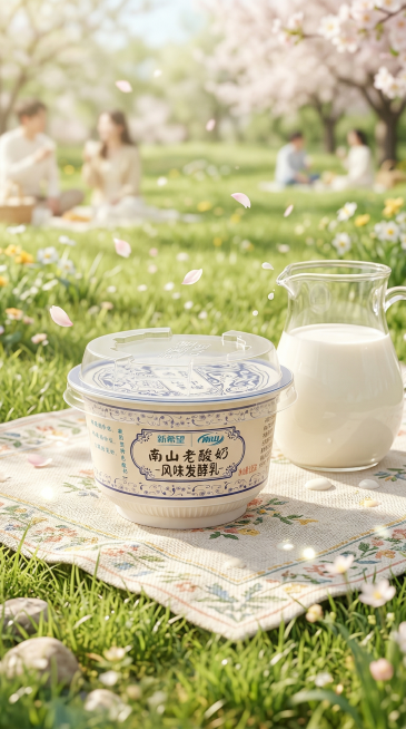 基于原图的新希望南山老酸奶产品，背景为野餐垫上装满牛奶的玻璃壶旁边，春游户外草地场景，参考春游聚会风格相似度50%，保持产品Logo文字原样，保持主体物理结构不变，保持产品透明塑料包装和整体形状不扭曲预览效果