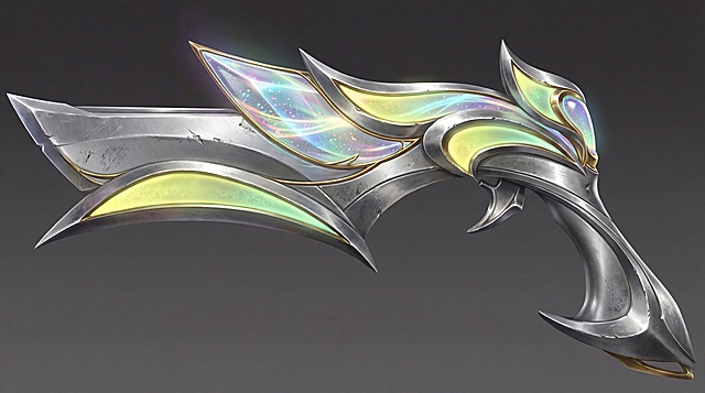 保留枪械原有外形轮廓完全不变，提升整体细节精度：枪身金属为细腻拉丝哑光银材质，刻画细微磨损和金属划痕细节；蝶翼部分为通透幻彩水晶，内部添加细碎虹彩闪片和流动光效，边缘做极细鎏金包边；黄绿装饰为磨砂荧光珐琅，透出柔和微光；所有结构边缘锐利清晰，光影分层写实，升级为4K精度，符合游戏原画标准