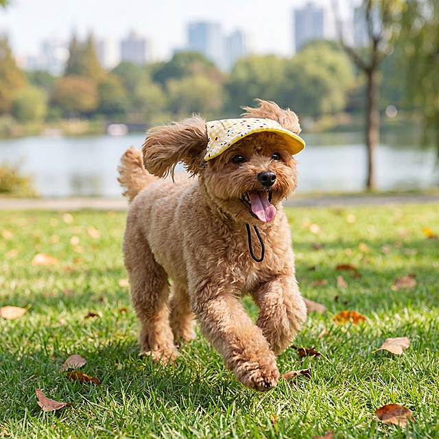 基于原图保留戴着黄格纹宠物帽的棕色宠物狗，修改宠物狗姿态为四肢奔跑动态，面部表情愉悦嘴巴微张露出舌头，更换场景为城市公园户外草坪，翠绿草地点缀少量枯黄落叶，背景有模糊树木、湖水与远处城市建筑轮廓，明亮自然日光，写实宠物摄影风格，高清真实感，自然生动的动态捕捉
