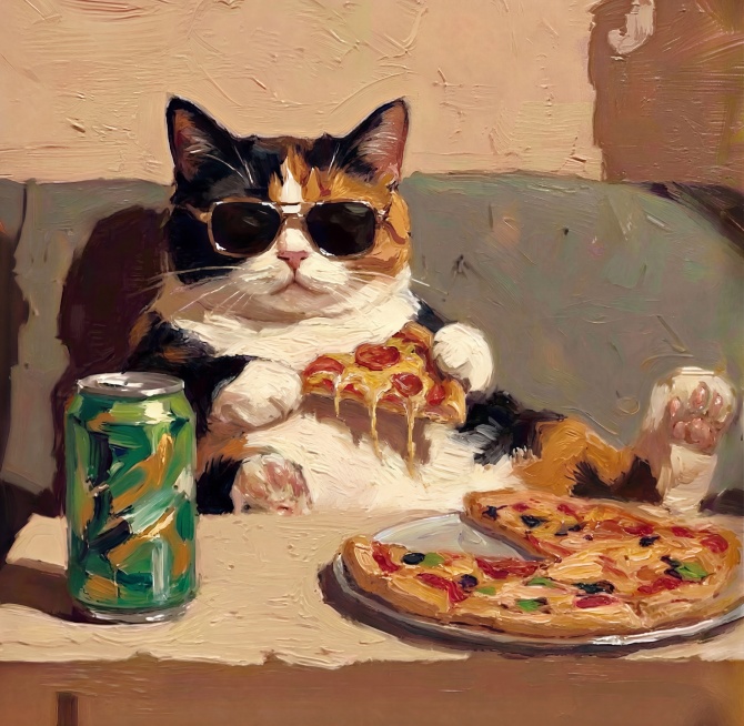 丰富画面细节，增加细微的手绘笔刷痕迹，保留原有油画风格，三花猫戴墨镜吃披萨和绿色汽水的构图内容不变预览效果