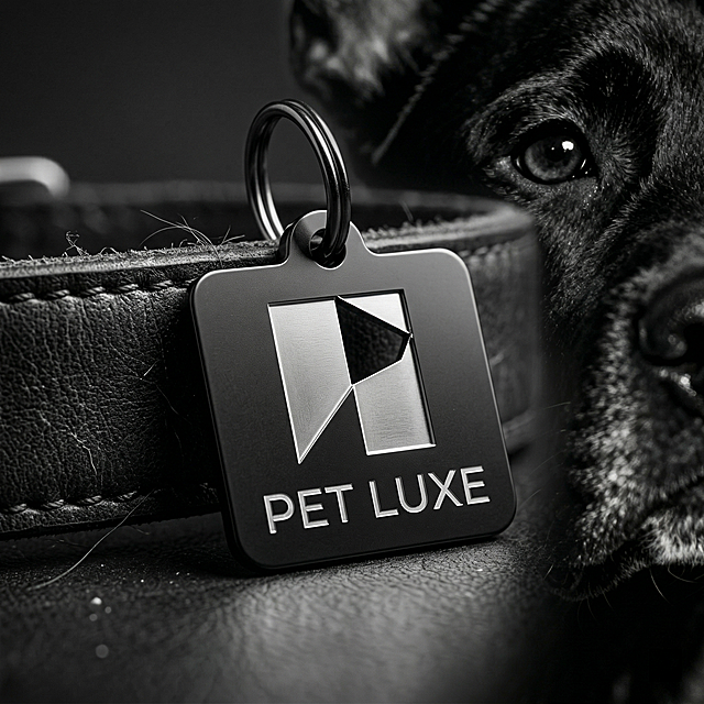 Pet Luxe高端宠物品牌宠物牌设计，极简几何暗黑金属风格，包含品牌P字母LOGO和PET LUXE文字，材质为金属质感，简约高级，适合佩戴于宠物项圈