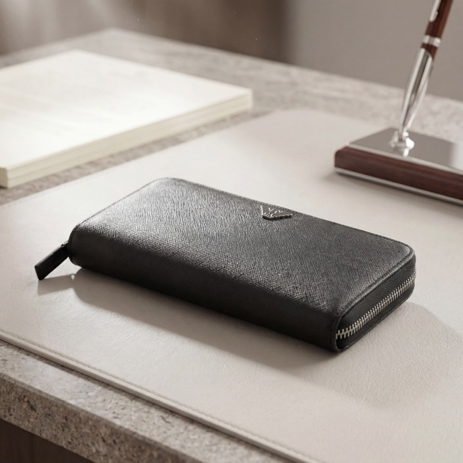 参考图1的办公场景氛围，将图2的黑色长款钱包放置在浅灰色皮质桌垫上，保留桌面上的浅灰色石材台面、白色笔记本与金属笔座元素，整体采用通透的全屋漫射柔光，色调为低饱和度莫兰迪色系，画面明亮干净。强制保留钱预览效果