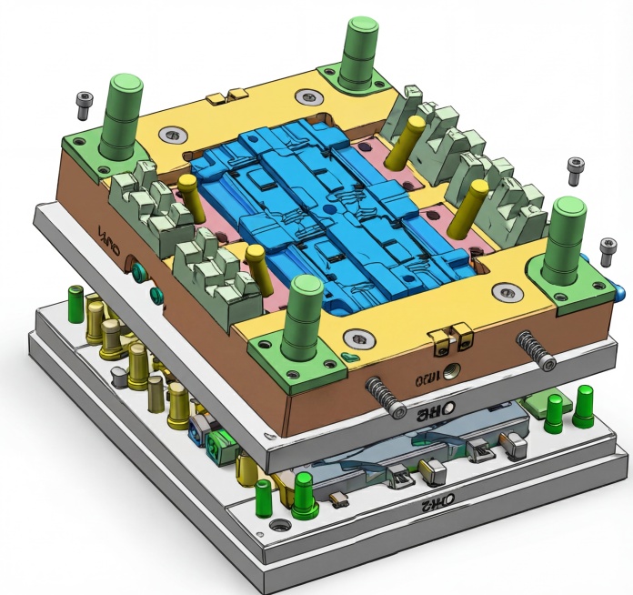 控制模块壳体注塑模具3D模型图，分层爆炸视图，不同结构部件用蓝、绿、黄、棕、银等区分颜色，清晰展示模腔、导柱、模架、卡槽、安装孔位、散热筋成型结构等细节，纯白背景，工业建模渲染，质感清晰锐利，和之前确预览效果