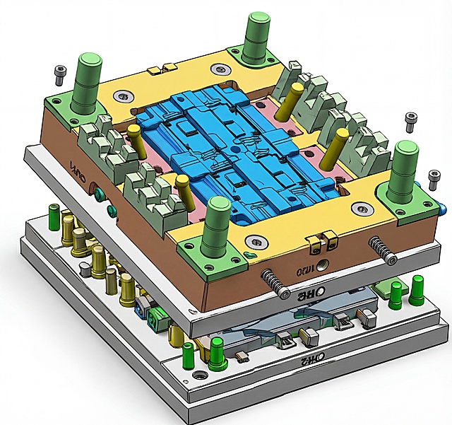 控制模块壳体注塑模具3D模型图，分层爆炸视图，不同结构部件用蓝、绿、黄、棕、银等区分颜色，清晰展示模腔、导柱、模架、卡槽、安装孔位、散热筋成型结构等细节，纯白背景，工业建模渲染，质感清晰锐利，和之前确认的3D模型风格一致