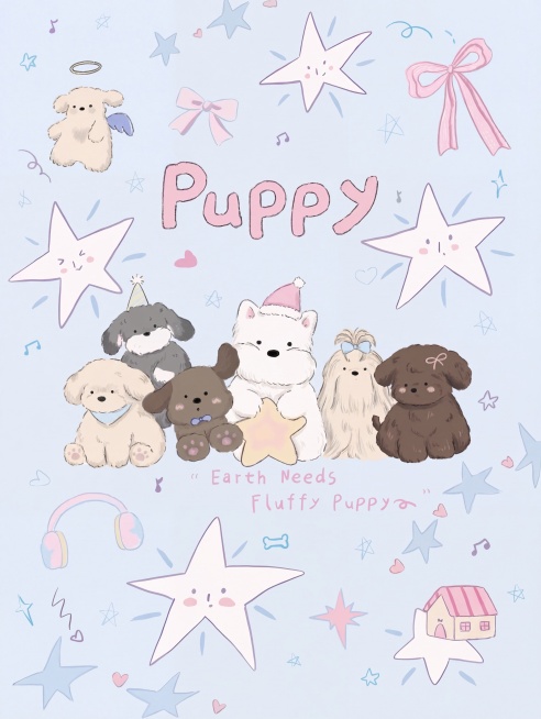 去除图片折痕，高清化画面，丰富小狗和装饰元素的细节，去除背景的纹理，保持原图的插画风格和所有元素内容不变预览效果