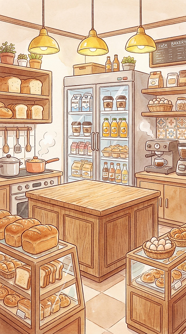 治愈系暖色调手绘插画，现代化面包店室内厨房场景，操作台背后的冰箱里放着牛奶、咖啡、橙汁，两侧货架和展示柜里摆满各种面包、吐司和鸡蛋。画面正中间是一个空的木制厨房操作台，暖黄灯光，柔和的水彩质感，可爱Q版画风，线条圆润，细节丰富，温馨治愈，整体色调为暖棕+奶油白，充满烟火气和幸福感