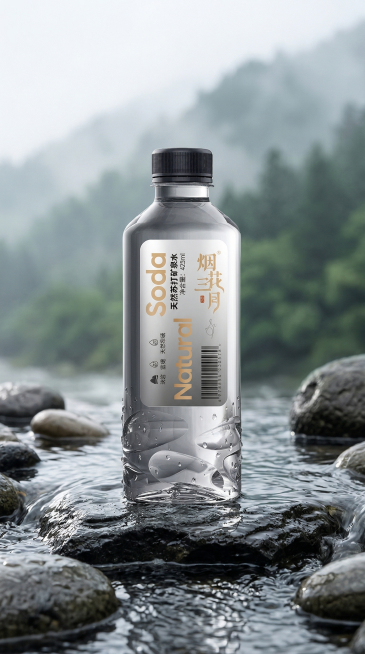 基于原产品图生成电商场景图，参考第二张图的构图和氛围相似度50%。主体是烟花三月天然苏打矿泉水透明塑料瓶，保持瓶身原有所有文字、Logo、物理结构完全不变，严禁扭曲变形。瓶子放置在湿润深色岩石水面上，预览效果