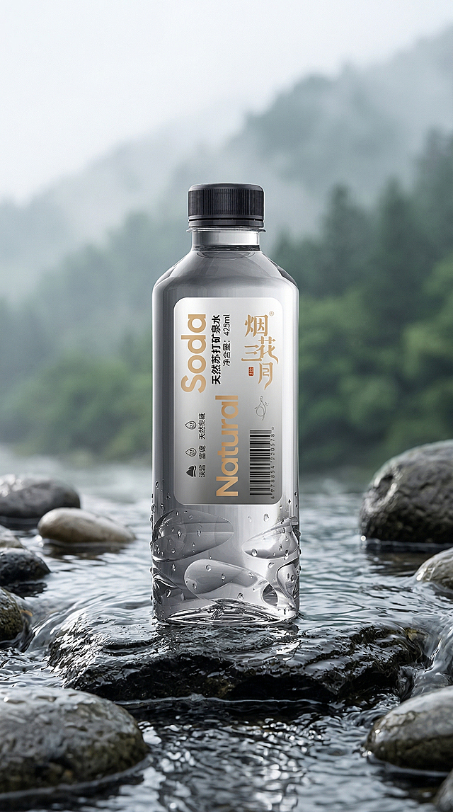 基于原产品图生成电商场景图，参考第二张图的构图和氛围相似度50%。主体是烟花三月天然苏打矿泉水透明塑料瓶，保持瓶身原有所有文字、Logo、物理结构完全不变，严禁扭曲变形。瓶子放置在湿润深色岩石水面上，保留参考图的雾气山林背景，整体采用商业高调摄影，柔和漫射光，经典侧逆光勾勒轮廓，低饱和度岩石灰色调，前中后景层次分明，包含流动水波元素，保持产品主体通透干净，4K超清画质。负向提示词：瓶身扭曲、Logo变形、文字错误、西方面孔、金发、深眼窝、雀斑、杂乱房间、死黑阴影、硬光、乡村风、多余的盖子、缺失的部件、悬浮的物体、变形的手柄、摄影灯、柔光箱、三脚架、水印、文字、昏暗光线、死黑阴影、畸变透视、比例失调
