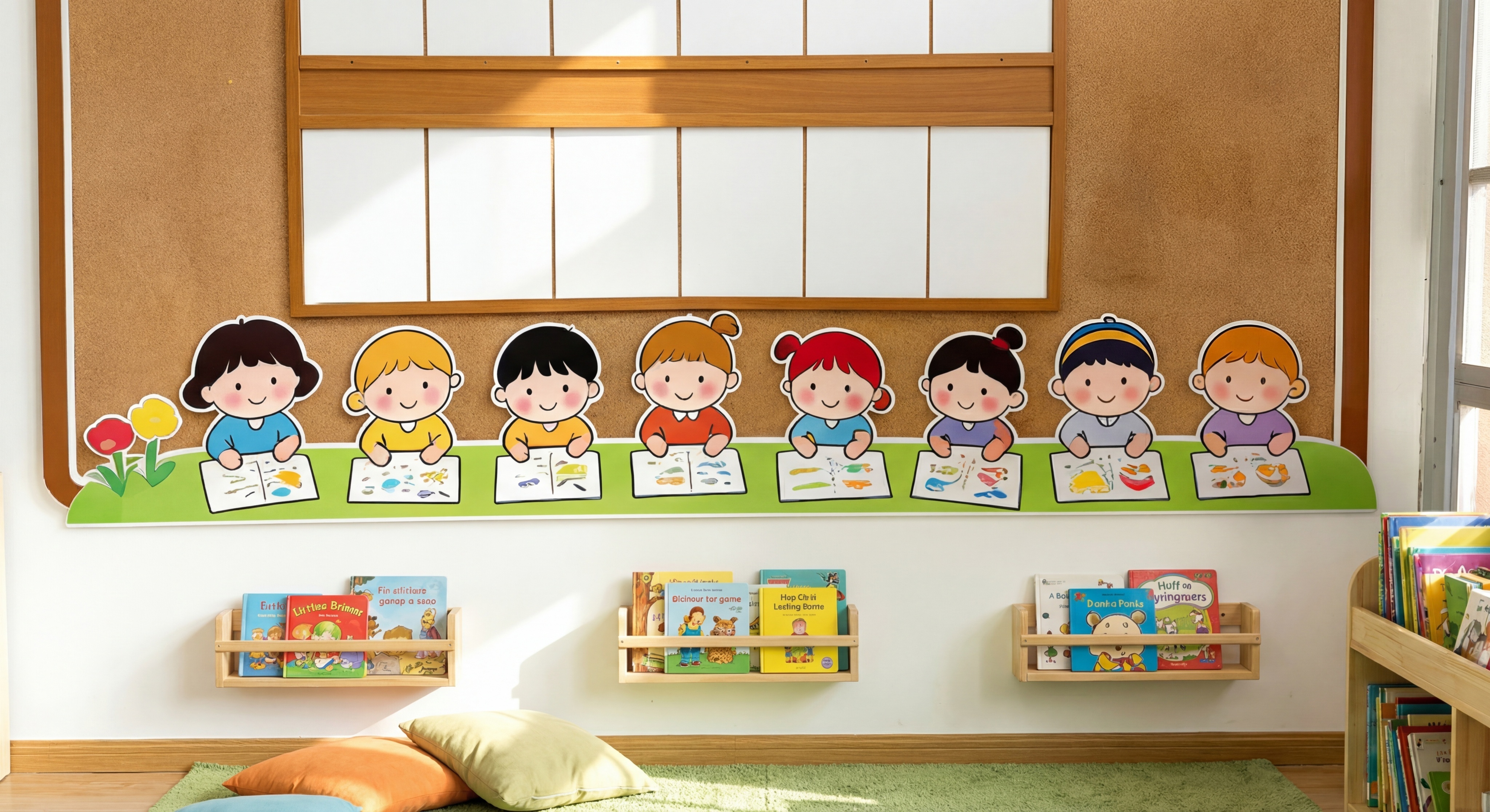 生成类似这张幼儿园阅读区墙面环创的高清室内图片，保持卡通风格，… - 图片创意预览