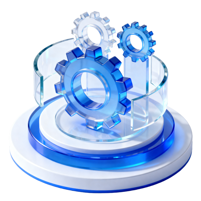 B端3D等轴视图图标，主体为双层圆形底座，上方放置3个直立的齿轮组成的齿轮组，最下方齿轮最大，上方两个齿轮略小，周围环绕透明质感的切开半圆，主色调为蓝白配色，采用磨砂玻璃、毛玻璃质感与半透明玻璃材质结预览效果