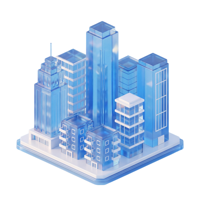 参考案例风格的3D蓝色玻璃质感房地产行业小图标，建筑造型简约通透，玻璃材质清透有光泽，搭配白色细节，纯色背景，高质量，光影柔和自然，质感细腻精致预览效果