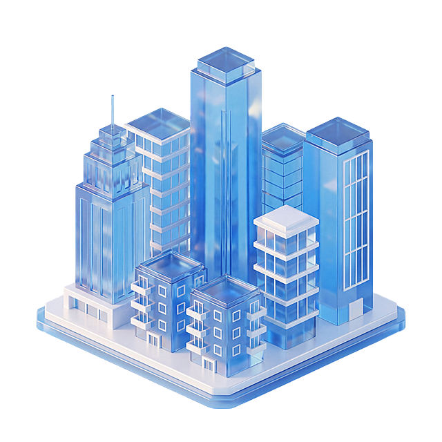 参考案例风格的3D蓝色玻璃质感房地产行业小图标，建筑造型简约通透，玻璃材质清透有光泽，搭配白色细节，纯色背景，高质量，光影柔和自然，质感细腻精致