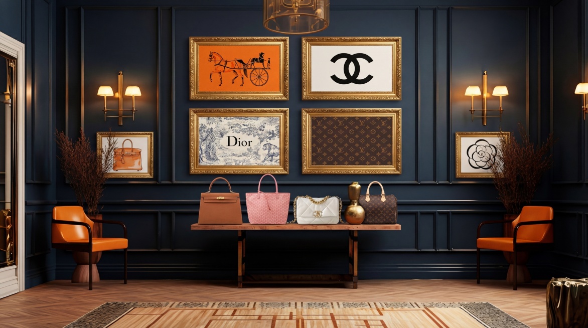 在这张轻奢空间图中，将提供的四款包包摆放在长桌上进行展示，墙上的挂画替换成HERMES、CHANEL、DIOR、LV四个国际品牌的品牌形象图，保持画面整体风格匹配轻奢复古空间的色调，风格和空间调性保持预览效果