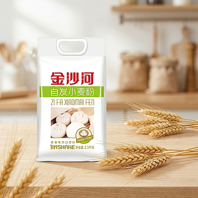 基于原产品图生成金沙河自发小麦粉场景图，保持产品主体物理结构不变，保持所有文字和Logo原样不变，不扭曲产品。参考图的木质台面、小麦装饰，保留50%相似度，对布局进行左右翻转重构。整体采用商业高调摄影，柔和漫射光，通透氛围，低对比度，明亮干净的画面。产品放置在浅原木木质台面上，周围搭配真实小麦穗装饰，背景虚化，有自然阳光光斑，前中后景层次分明，营造自然真实的食欲感，4K画质。负向提示词：瓶身扭曲、Logo变形、多余的盖子、缺失的部件、悬浮的物体、变形的手柄、摄影灯、柔光箱、三脚架、水印、文字、昏暗光线、死黑阴影、畸变透视、比例失调、西方面孔、金发、深眼窝、雀斑、杂乱房间、硬光、乡村风、高对比度