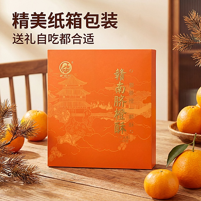 [主图 3]赣南脐橙酥包装展示主图，高饱和吸睛风格；画面居中展示完整原包装纸箱，放置在温馨原木餐桌上，包装完好，保留原有品牌标识和产品文字，清晰展示包装盒整体设计；背景搭配散落的新鲜脐橙和干松枝装饰，增加中式氛围；自然暖光，突出包装盒橙色质感；主色调橙色原木色；平视中心构图，包装盒占画面65%；文案主标题 "精美纸箱包装"，副标题 "送礼自吃都合适"，文字悬浮在左上角留白处，字体为深棕色粗体；不出现价格，保持整体风格统一；2k分辨率