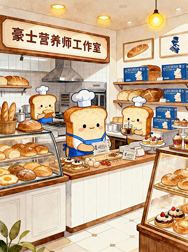 治愈系暖色调手绘插画，现代化面包店，面包店招牌写着"豪士营养师工作室"。室内场景，圆滚滚的拟人化四方形面包片穿着蓝色围裙和厨师帽，在柜台后忙碌制作面包，有的拿着面包、有的端着饮品，右侧货架上放着蓝色藜麦土司礼盒，案板上放着小包装藜麦土司、鸡蛋、西红柿，货架和展示柜里摆满各种面包、吐司和甜点，暖黄灯光，柔和的水彩质感，可爱Q版画风，线条圆润，细节丰富，温馨治愈，整体色调为暖棕+奶油白，充满烟火气和幸福感